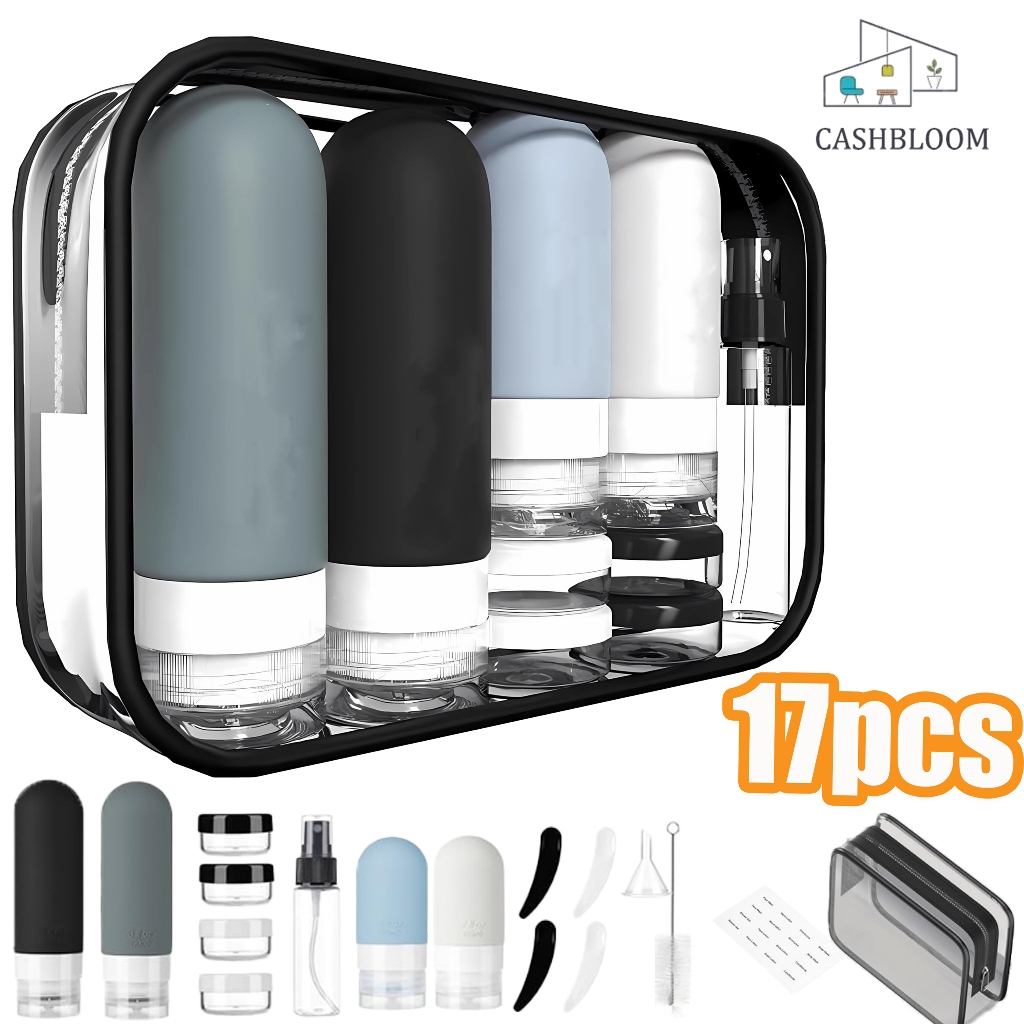 Kit 17 Peças Frascos e Potes Viagem Silicone Condicionador Shampoo Creme Cosméticos