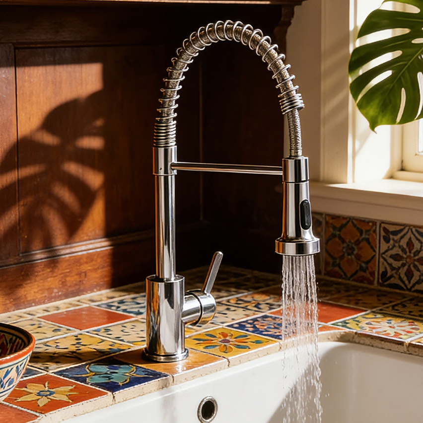Torneira De Cozinha Gourmet Alça Única Com Extensor De Spray Tubo De Água Flexível Superior Prateado Para Ajuste