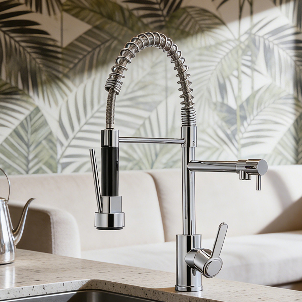 Torneira De Cozinha Gourmet De Alça Dupla MUSE Com Extensor De Spray Pull-Down , Misturador De Água Quente E Fria Tipo M