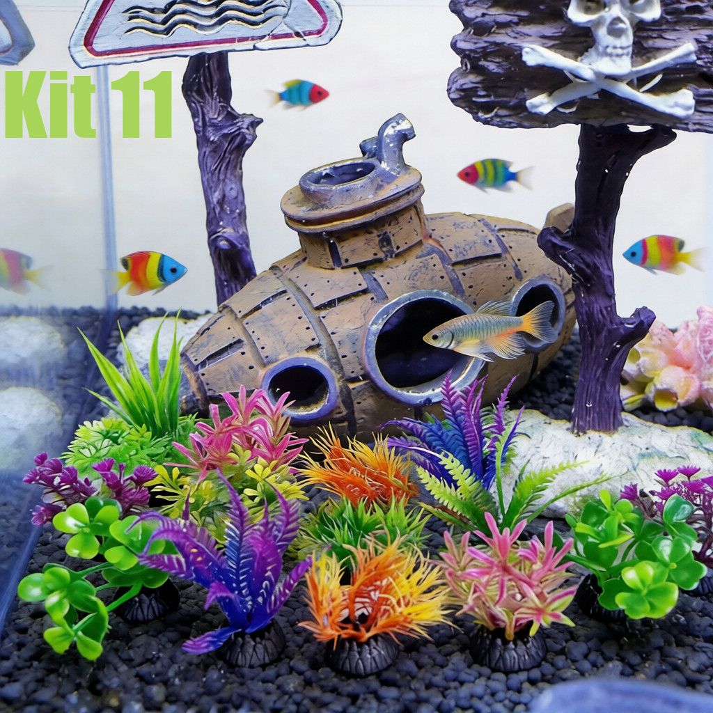 Kit Aquário: Submarino Decorativo +10 Plantas Artificiais | Casa p/ Peixes Beta e Decoração Completa