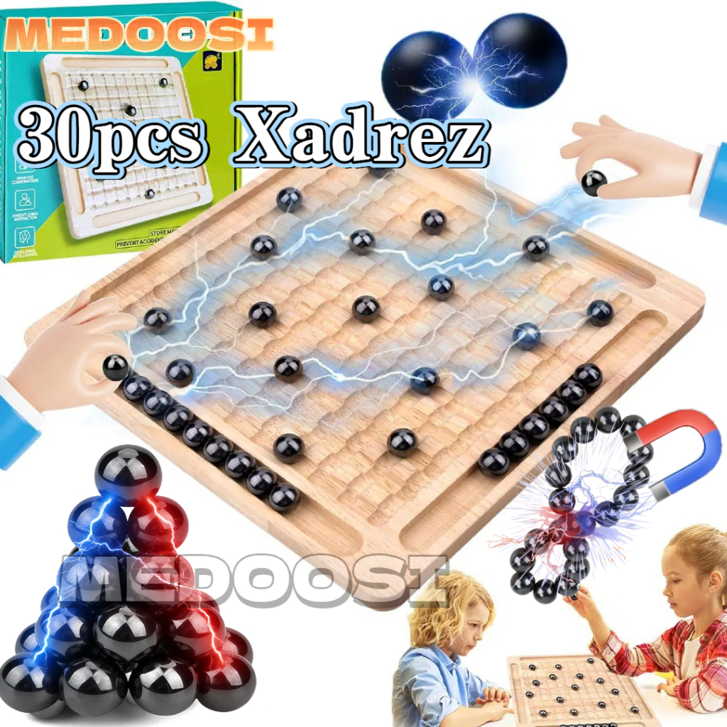 ​​Tabuleiro Magnético Xadrez em Madeira Infantil- Jogo Portátil com 30Peças Imanadas | Brinquedo Educativo para Crianças