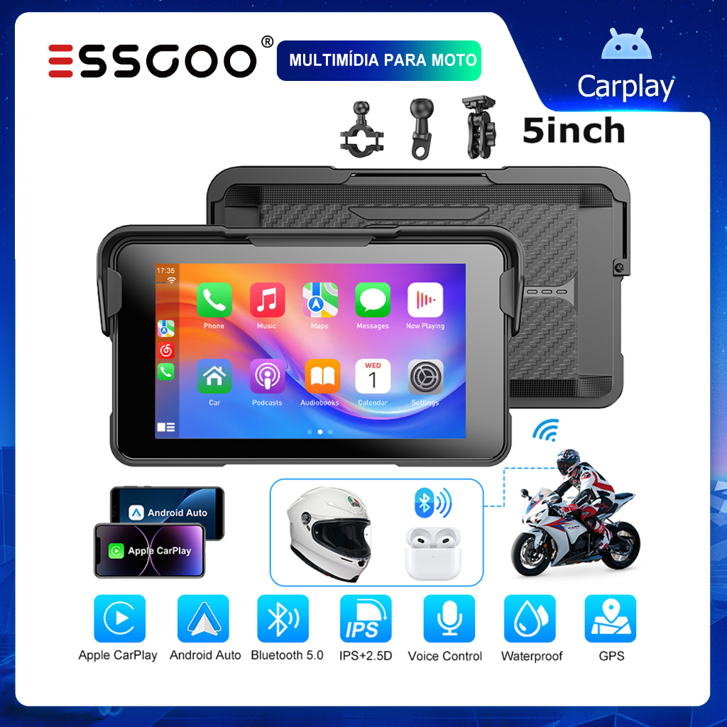 (Do São Paulo)ESSGOO Multimídia Para Moto De 5 Polegadas Com CarPlay E Android Auto Touchscreen GPS Bluetooth Anti-Roubo