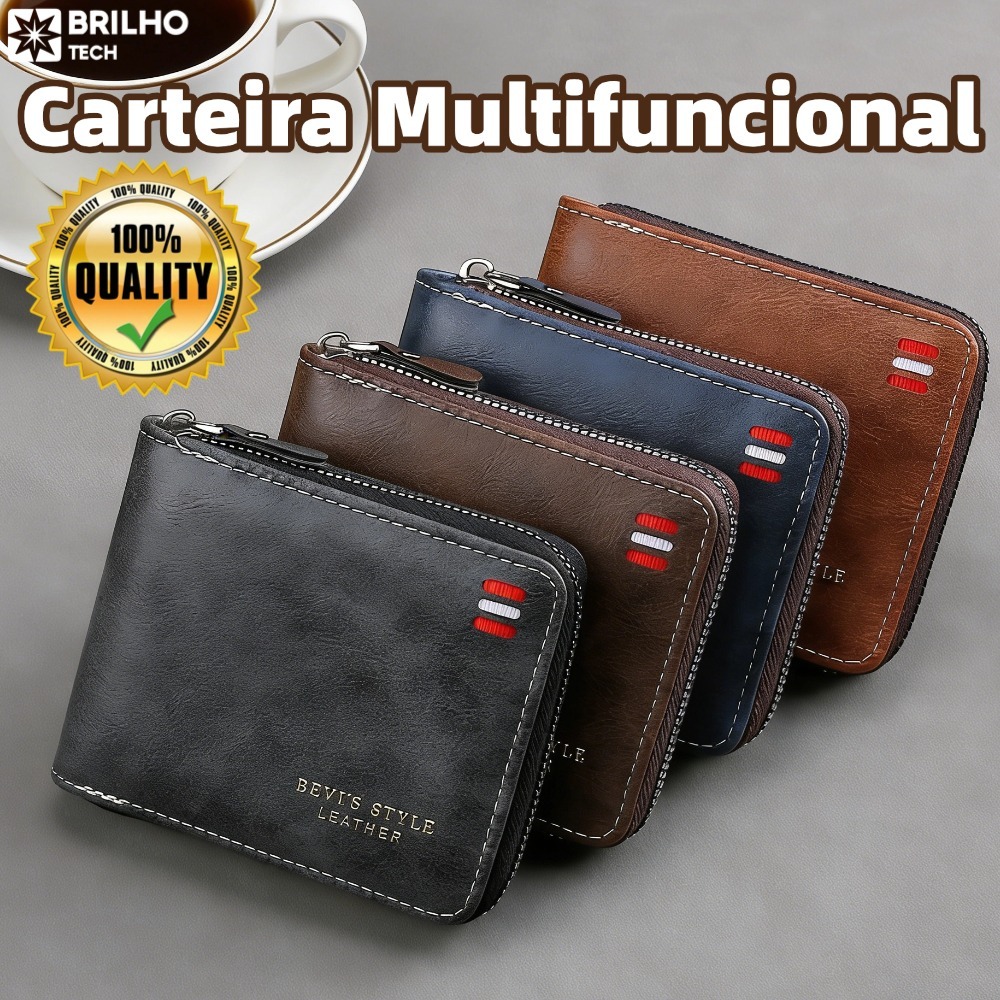 Carteira Curta Masculina , Bolsa De Mão Empresarial De Couro PU De Cor Sólida , Porta-Cartões Com Zíper De Grand-bri