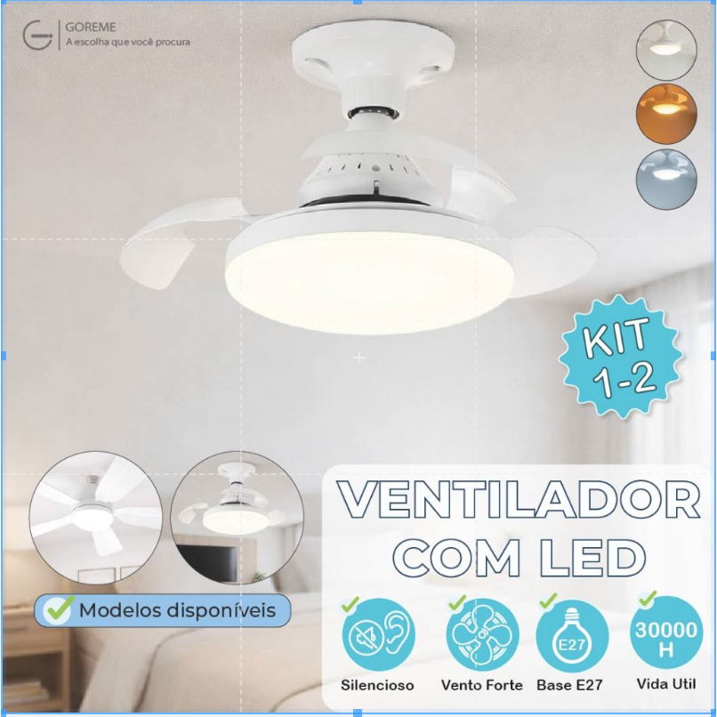 Ventilador de teto retrátil, com luz Tricolor, operação silenciosa, 60W ou 100W, Design requintado de lâmina de ventilad