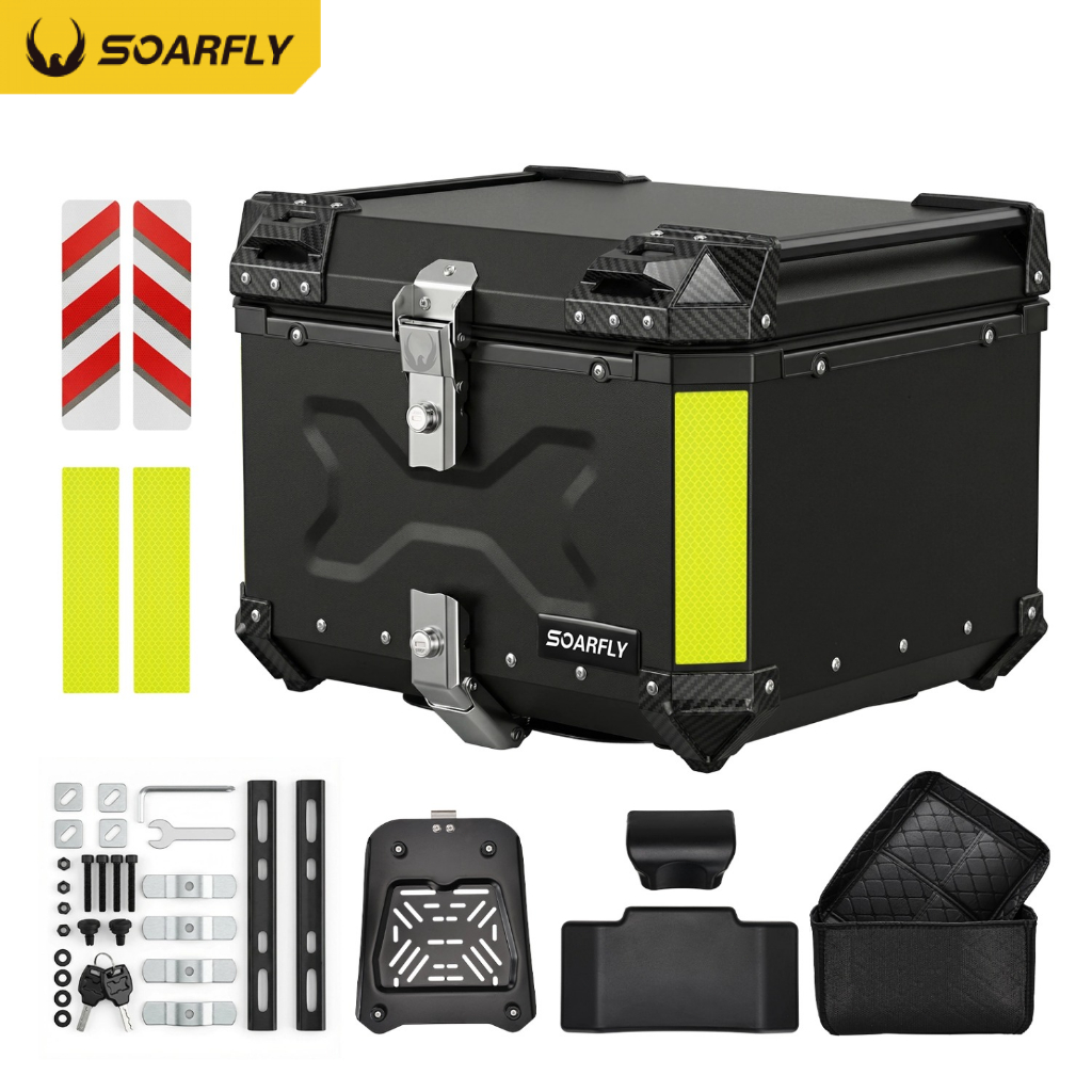 Soarfly Baú Para Moto Baú De Alumínio Para Motocicleta 55 Litros + Suporte + Encosto+dois Tipos De Adesivos Refletivos