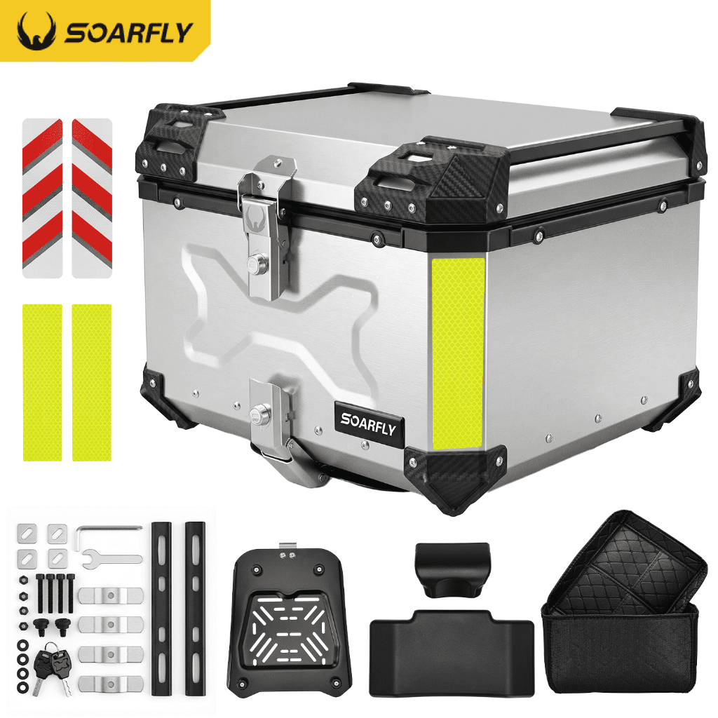 Soarfly Baú Para Moto Baú De Alumínio Para Motocicleta 55 Litros + Suporte + Encosto+dois Tipos De Adesivos Refletivos