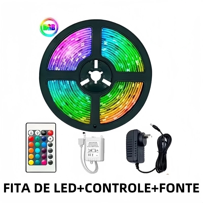 Fita Led Rgb 3528 Colorida 5m + Controle+Fonte 300 Led Decoração Casa Loja Gesso Teto Sanca Vitrine