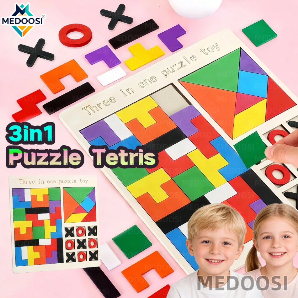 MEDOOSI Tetris 3 em 1 de Madeira | Quebra-Cabeça Brinquedo Educativo com Colorido Tangram e Jogo da Velha para Crianças