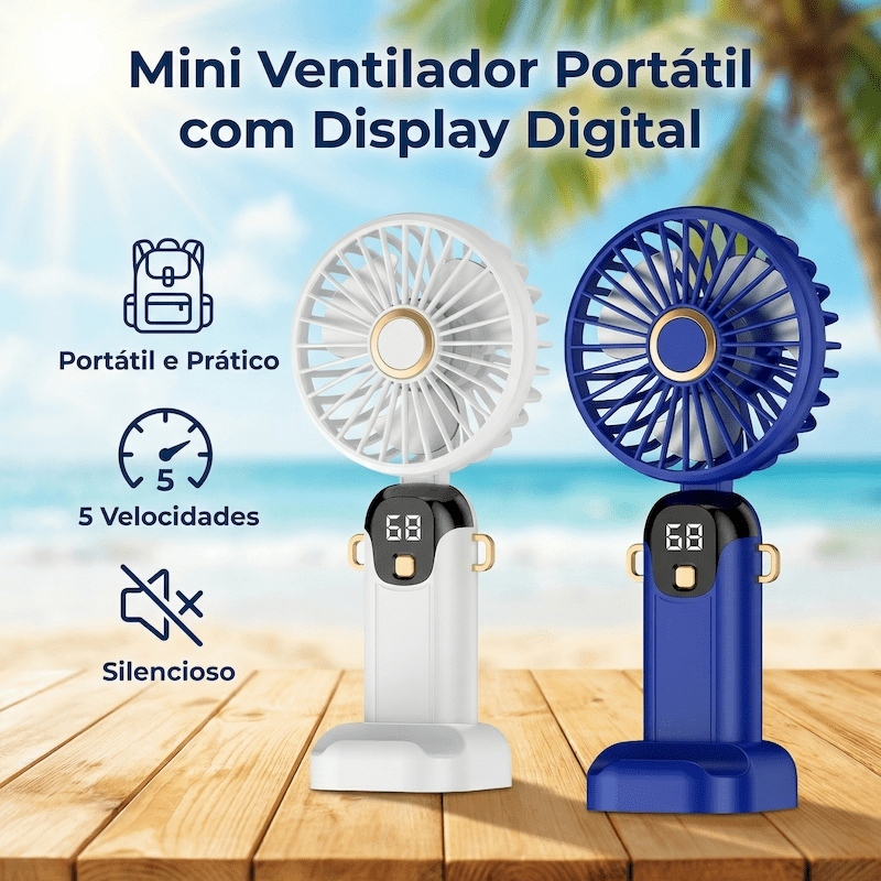 Ventilador Portátil 5 em 1: 5 Velocidades, Type-C, Suporte p/ Celular, Modo Vestível/Mesa