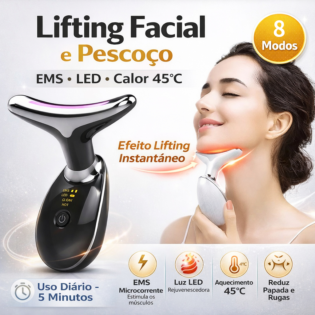 Aparelho Massageador Facial EMS para Rosto e Pescoço Luz LED Reduz Rugas Papada Lifting Facial