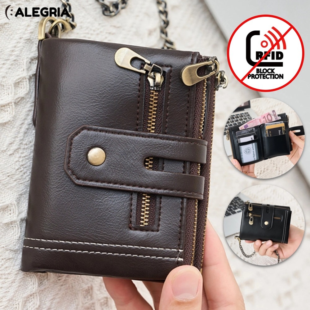 Carteira carteira masculina 100 % Couro Genuíno RFID Com Corrente Porta-Cartões Pequeno Comercial Moedas-ALE