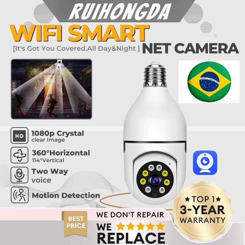 Câmera Panorâmica E27 Smart WiFi Com LED 360 Sem Fio/Luz Transparente IP/CCTV