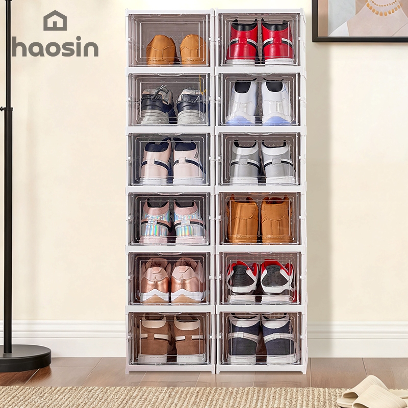 haosin Caixa De Sapato Dobrável Armazenamento Transparentes Sapateira Empilhável Prova De Poeira Dormitório ArmáriO