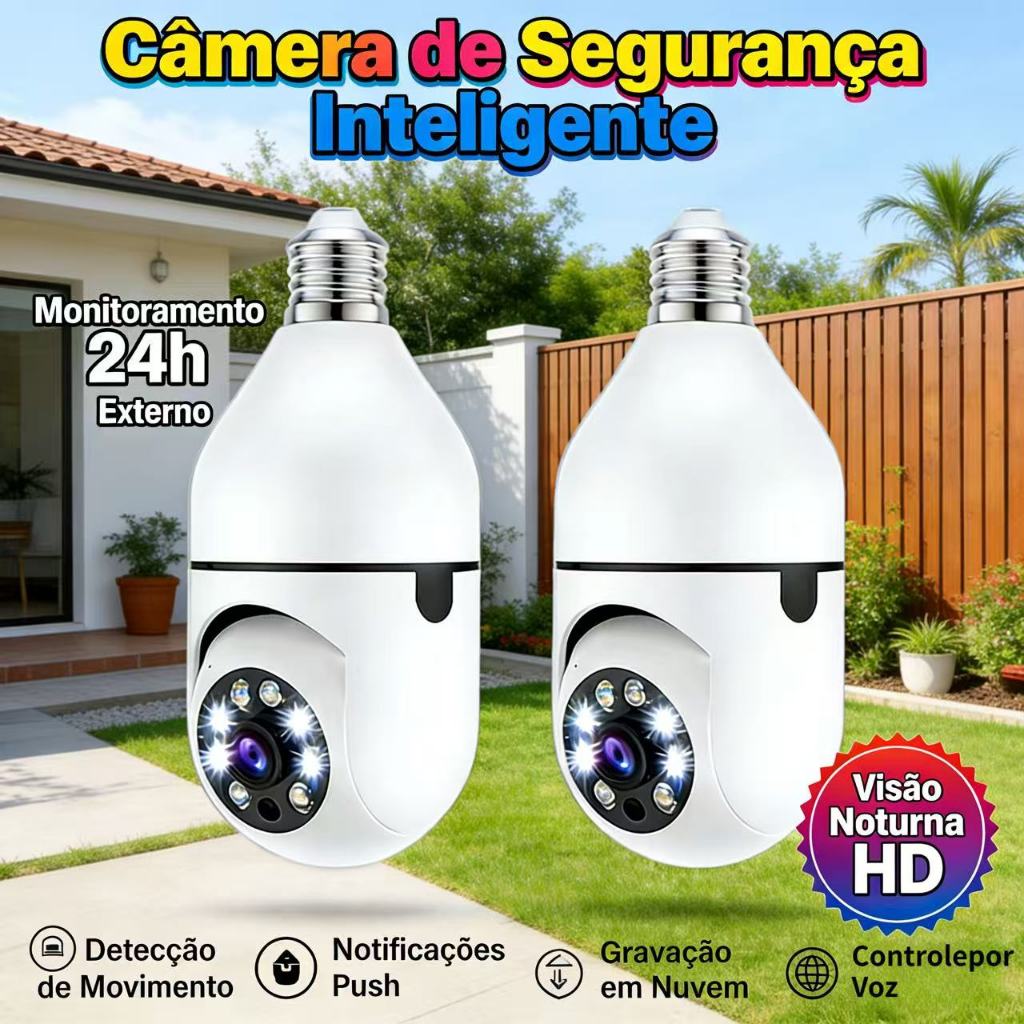 Kit 2 Lâmpada Para Câmera WiFi E27 , 360 ° , Full HD 1080p , Visão Noturna Colorida , Monitoramento Remoto