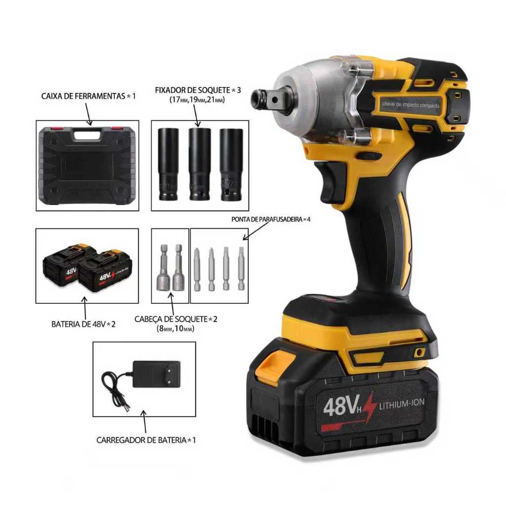 Chave De Impacto/Fenda Sem Fio 48V – Conjunto Profissional , Inclui Duas Baterias E Caixa De Ferramentas .