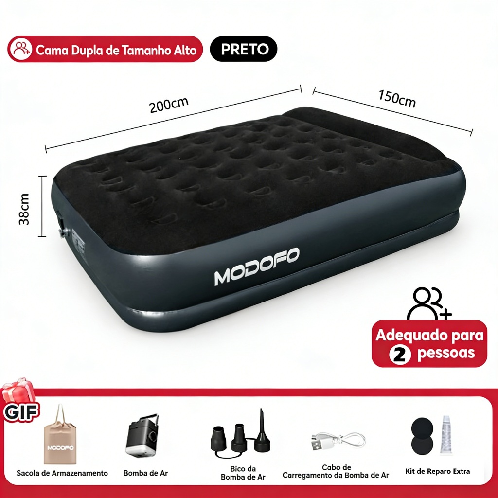 Colchão Inflável Preto MODOFO | Almofada Embutida De Alta Qualidade , Bomba Elétrica , Ideal Para Casa E Camping