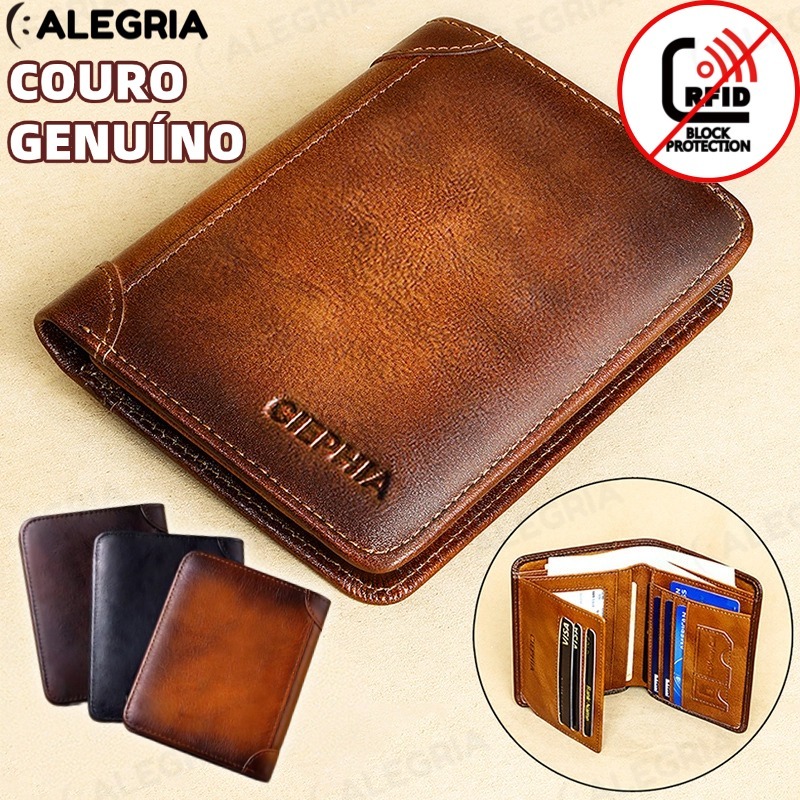 Carteira Antifurto Masculina De Couro Legítimo Vintage De Trifold E Bifold À Escolha Carteira estilo executivo-ale