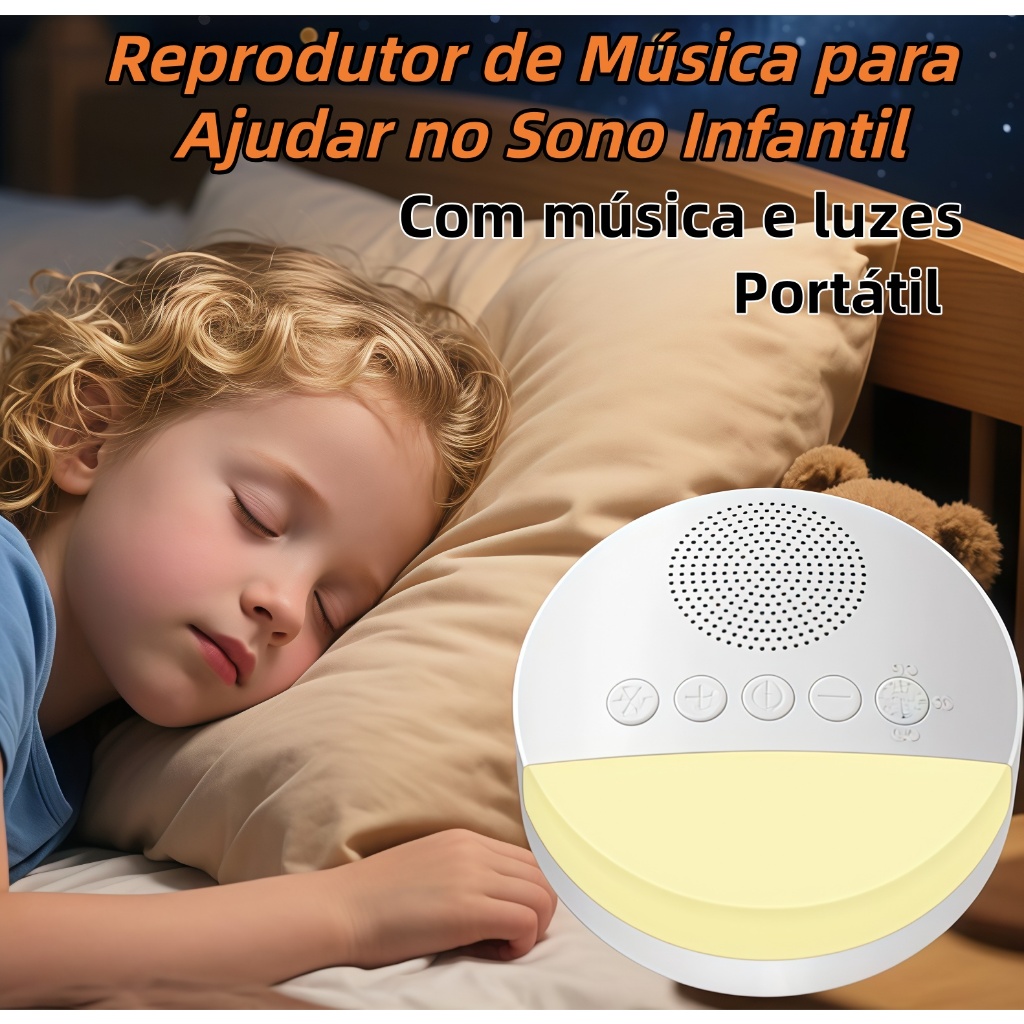 Reprodutor Portátil de Som de Sono para Crianças Música e Ruído Branco Dispositivo Auxiliar de Sono com Música e Luz