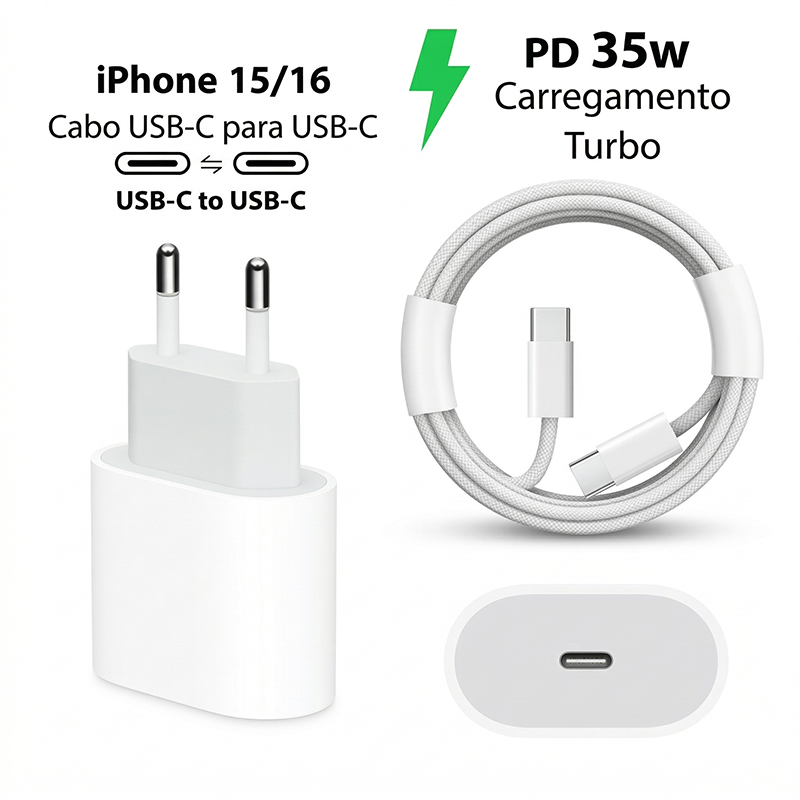 Carregador Rápido PD De 35 W Para iPhone 15 16 , Adaptador De Alimentação USB C Com Cabo Trançado , Bloco De Carregament
