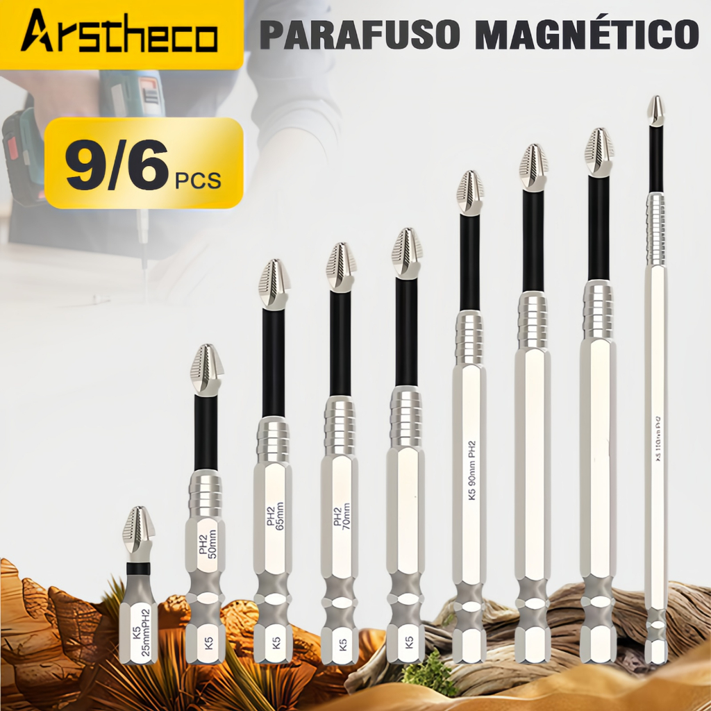 Kit 9 Pontas Philips PH2 para Impacto, Imantadas e Antiderrapantes Liga S2