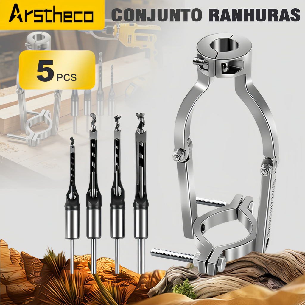 Enviamos De SP Kit 5 Brocas Furo Quadrado + Suporte Fixo Adaptador Furadeira Bancada