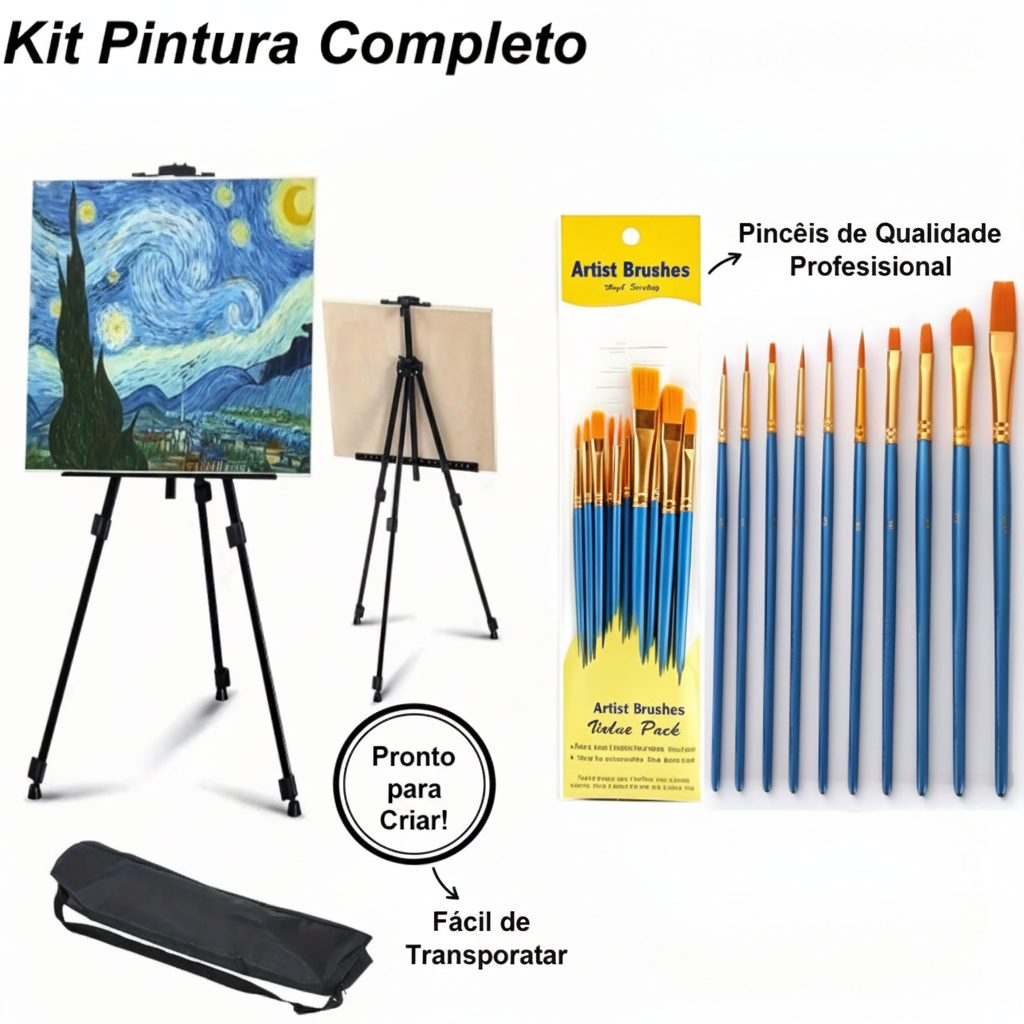 Kit Pintura Profissional Completo–Cavalete Tripé Ajustável com Bolsa+Pincéis+Espátulas,Ideal para Iniciantes e Artistas