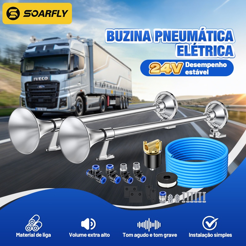 SOARFLY Buzina de Ar Elétrica 24V | Buzina para Caminhão 130dB Duplo Tubo-8mm/74cm