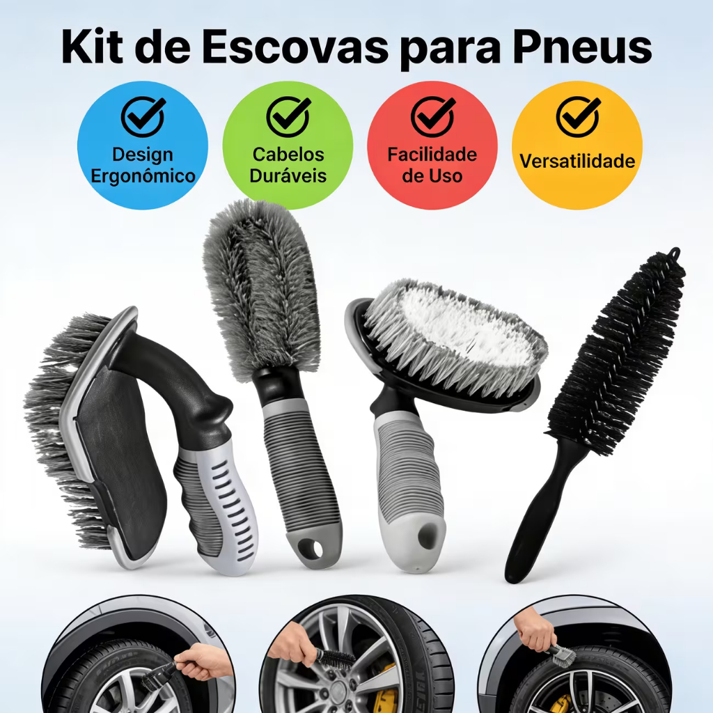 Kit de Escovas Profissionais P/ Limpeza de Rodas Pneus Aros 4 Peças