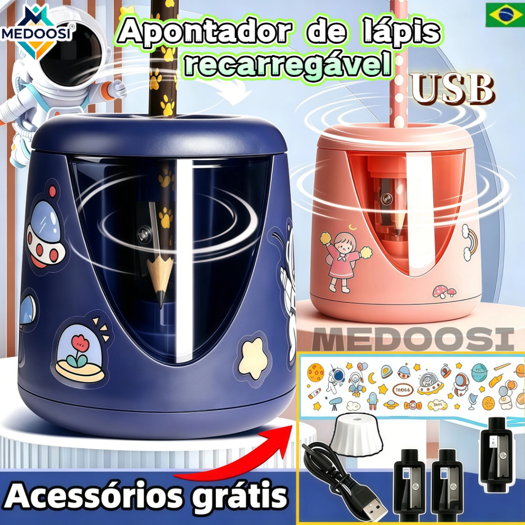 MEDOOSI Apontador De Lápis Elétrico USB Recarregável Automático /Material De Papelaria escolar de Cor infantil Artistas