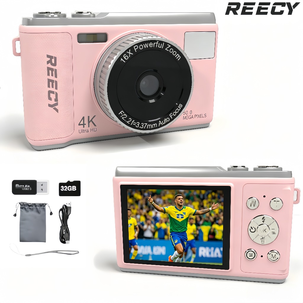 REECY Câmera Digital 4K HD, 50MP, Zoom 16X, Auto Foco, Anti-vibração, Cartão 32G OFERTA, Para Iniciantes e Estudantes