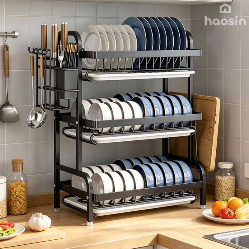 haosin Escorredor Organizador de Louças 2 andar 3 andar Preto Aço Inoxidável Rack ESCORREDOR DE LOUCA
