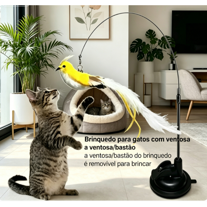 Simulação pássaro provocando vara de gato + ventosa, acessórios destacáveis substituíveis