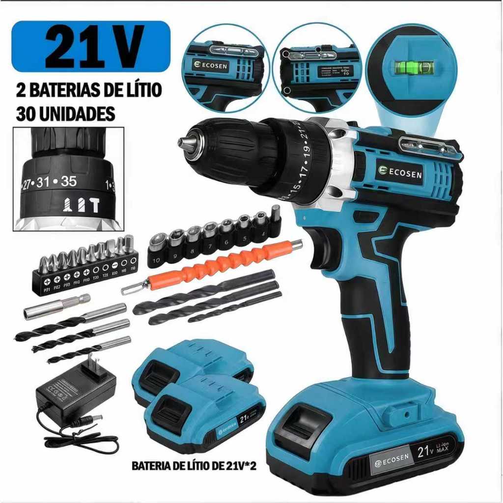 Furadeira Parafusadeira  bateria 21V com maleta e acessórios/3 Funções