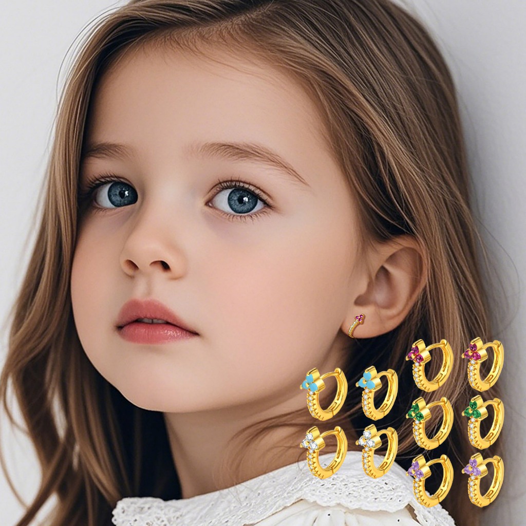 Brinco De Argola Com Flores Cúbicas De Zircônia Vnox Para Bebês Meninas , Pequeno Hipoalergênico Banhado A Ouro , Presen
