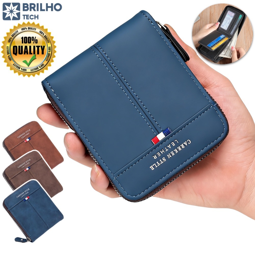 Carteira masculina, carteira dobrável Carteira de Couro com Zíper Carteira Curta Multifuncional  Porta-Cartõ,Presentes