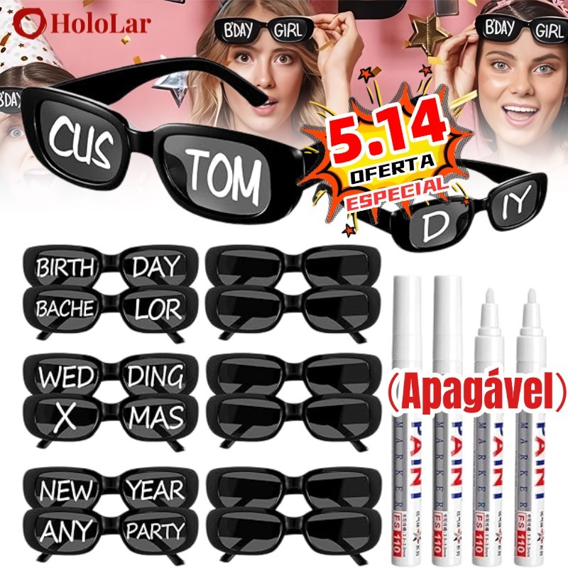 Oculos Vintage Retro Preto Liso + Caneta Giz Festa Casamento Evento Balada Despedidas Cor Preto-HL