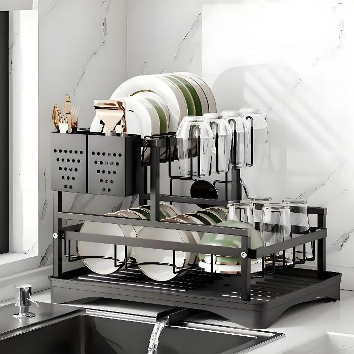 Escorredor de Louças Rack Aço Carbono Organizador Preto De Carbono Níveis E Ralo Ajustável