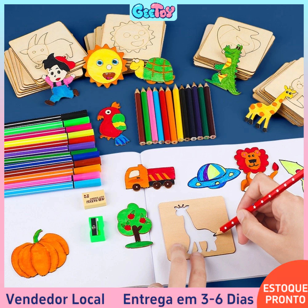 20 Peças de Brinquedos de Desenho Montessori - Moldes de Madeira para Pintura Criativa - Brinquedos Educativos