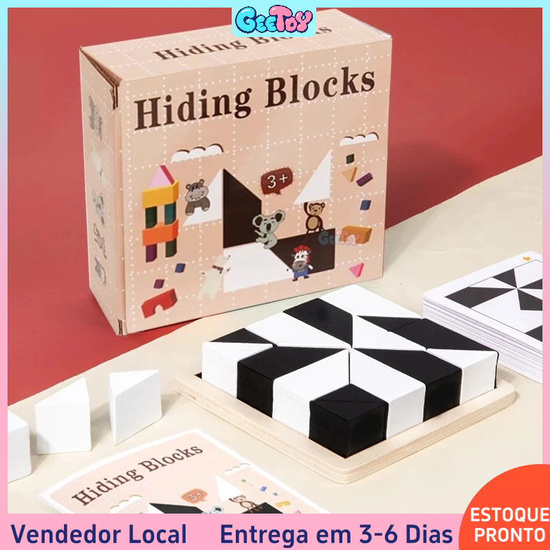 Quebra-cabeça 3D Blocos Ocultos Madeira Formas Geométricas – Brinquedo Educativo Montessori para Crianças