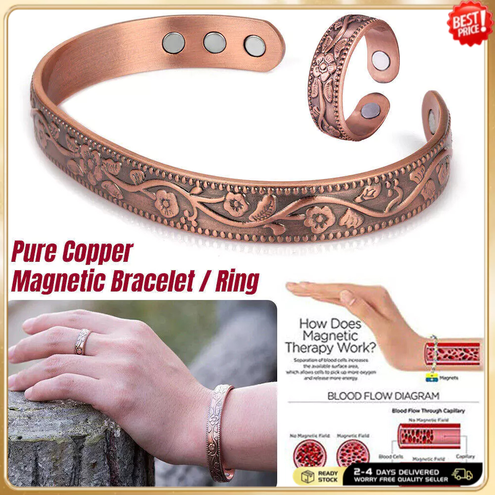 Conjunto De Pulseira E Anel Magnético De Cobre Puro | Joias De Terapia Gravadas Florais