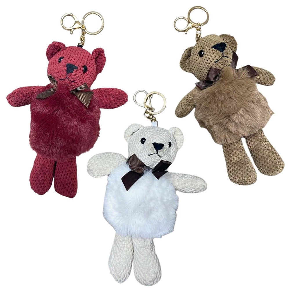 Chaveiro Ursinho Pompom Pelúcia Argola Dourada Bolsa Pom Pom