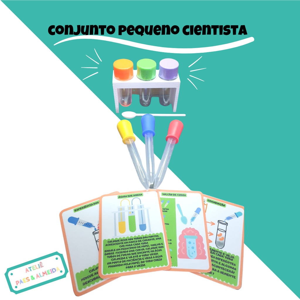 🧪 Conjunto Pequeno Cientista – Experimentos Educativos com Tubos, suporte, Conta-Gotas e Impressos