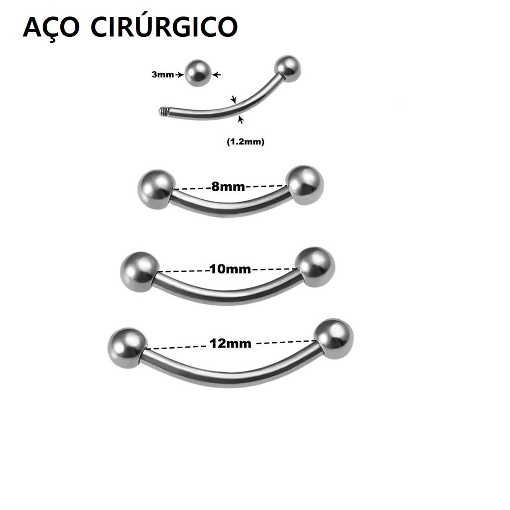 Piercing Microbell Curvo  Bolinha em Aço Cirúrgico Sobrancelha, Vertical Labret, Cartilagem