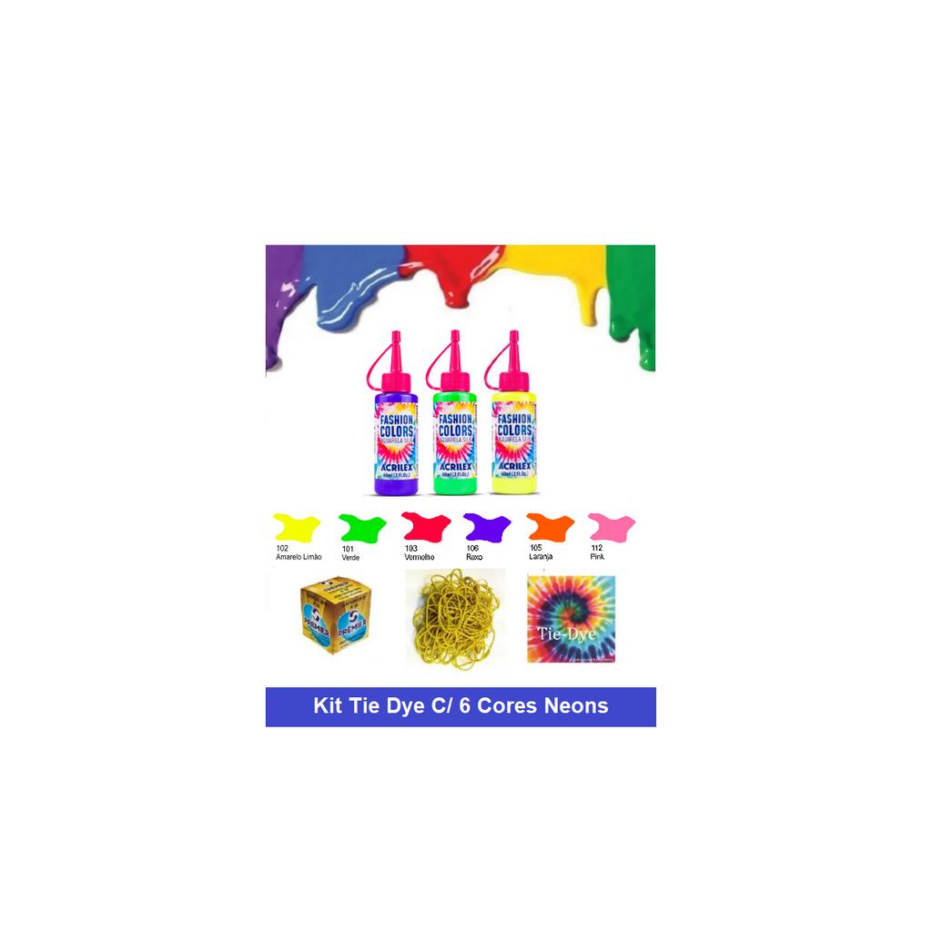 Kit Tie Dye Tintas Aquarela Silk c/6 Cores Neon + Elásticos