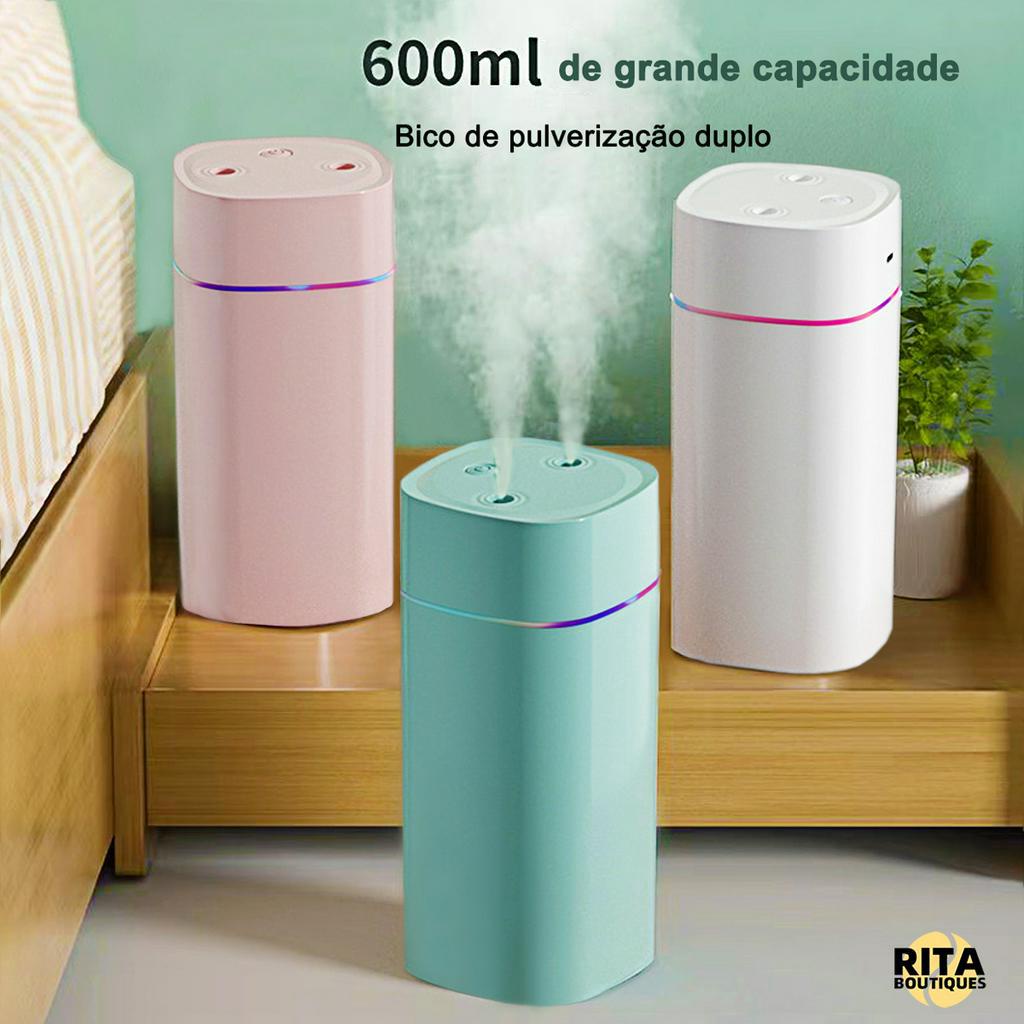 Umidificador De Ar Ultrassônico Bico Duplo ​Aromatizador De Ambiente 600ml Portátil Led Usb