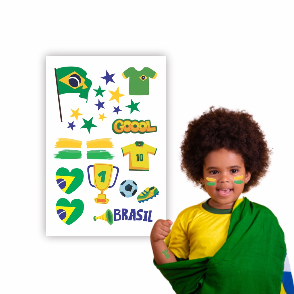 12 Tatuagem Temporária Copa Torcida Brasil 01 | 10x15 cm