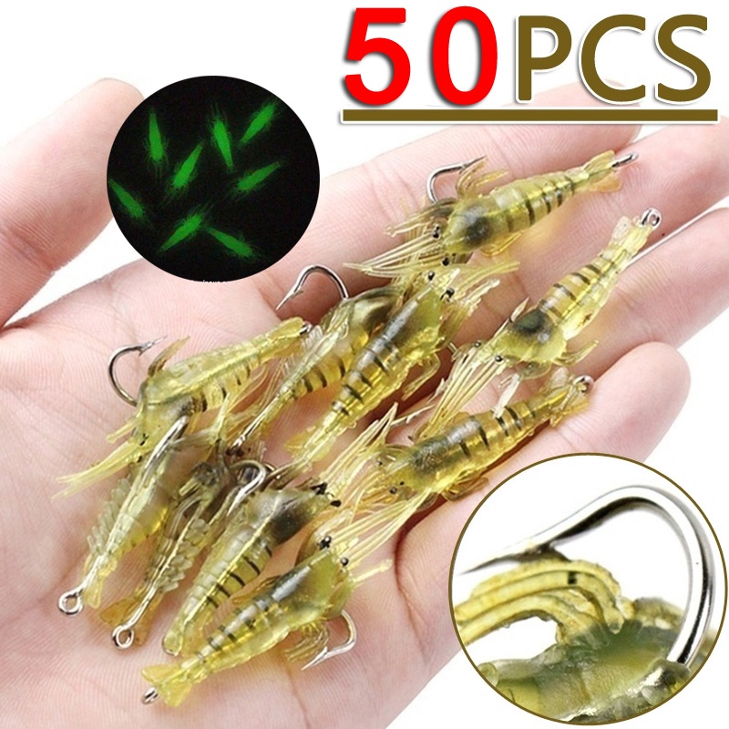 50 Camarão Macio 4cm Isca Artificial Anzol Peixe 10pcs Gambas isca artificial
