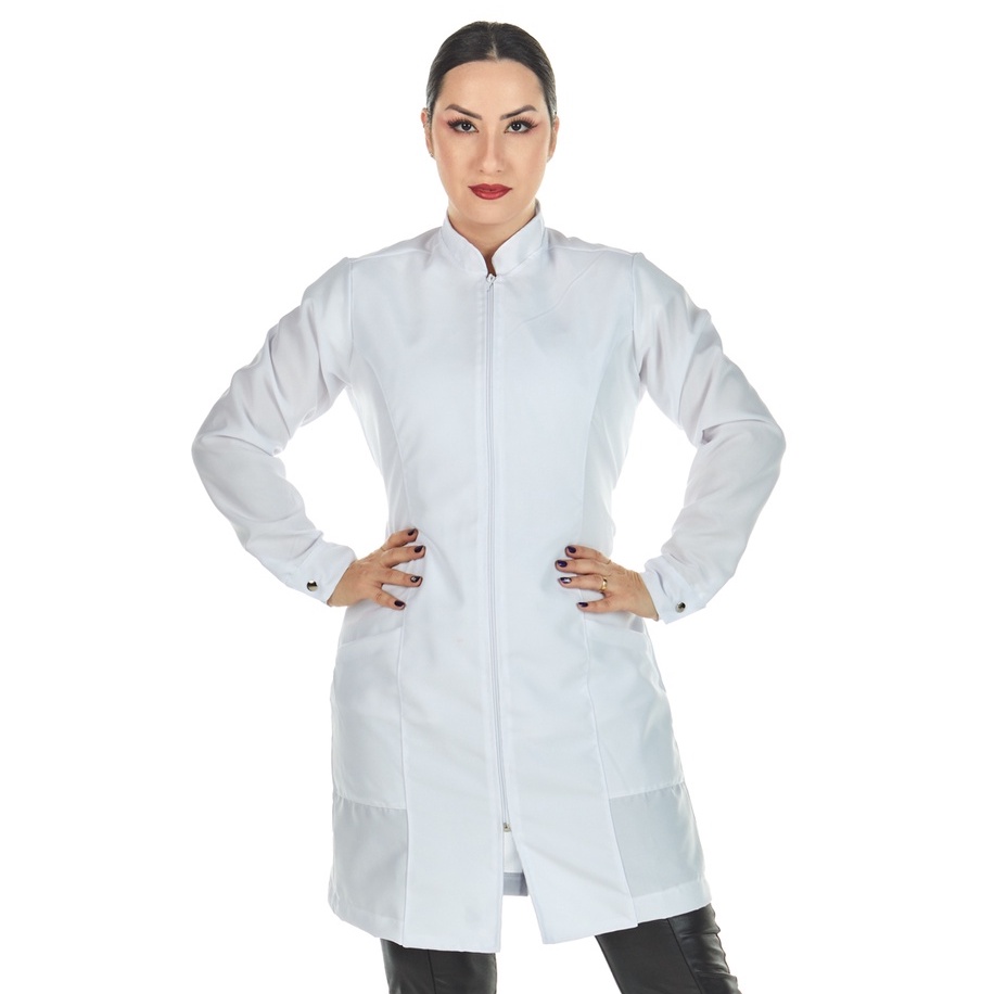 Jaleco Feminino Gola Padre Zíper Manga Longa Branco Oxford Acinturado Dentista Profissional