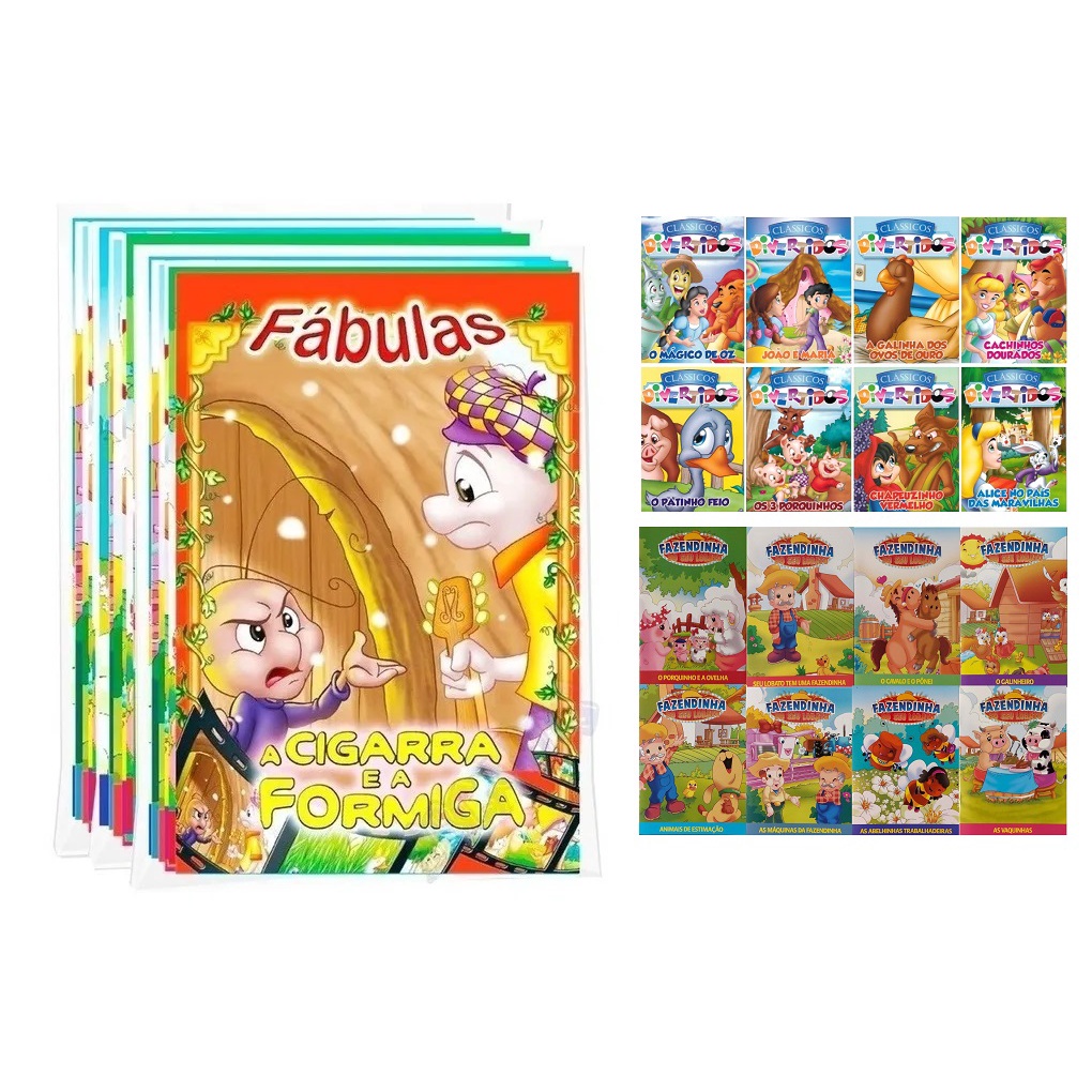 Kit C/ 32 Livrinhos - Coleções Fazendinha do Seu Lobato + Fábulas + Clássicos Divertidos + Dinossauros
