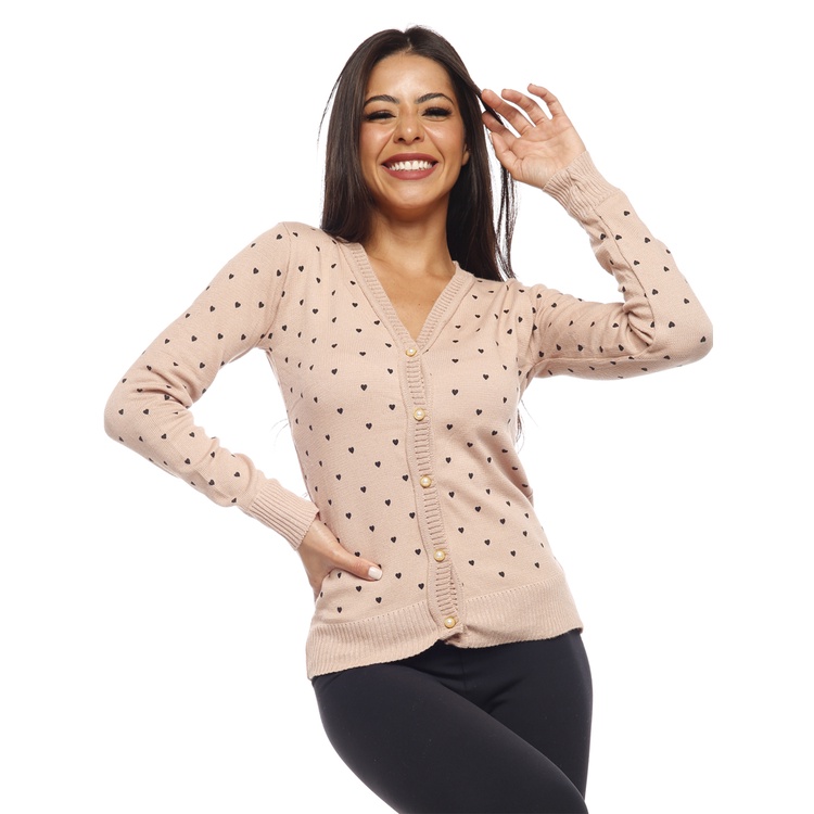 Blusa De Frio Feminina cardigan linha com botão , Padrão em forma de coração